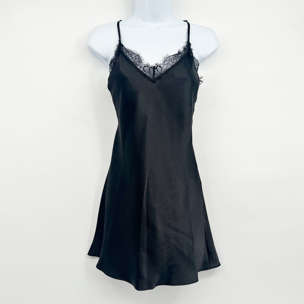 In Bloom by Jonquil Women Black Lace Trim Satin Romantic Whimsigoth Slip Dress S